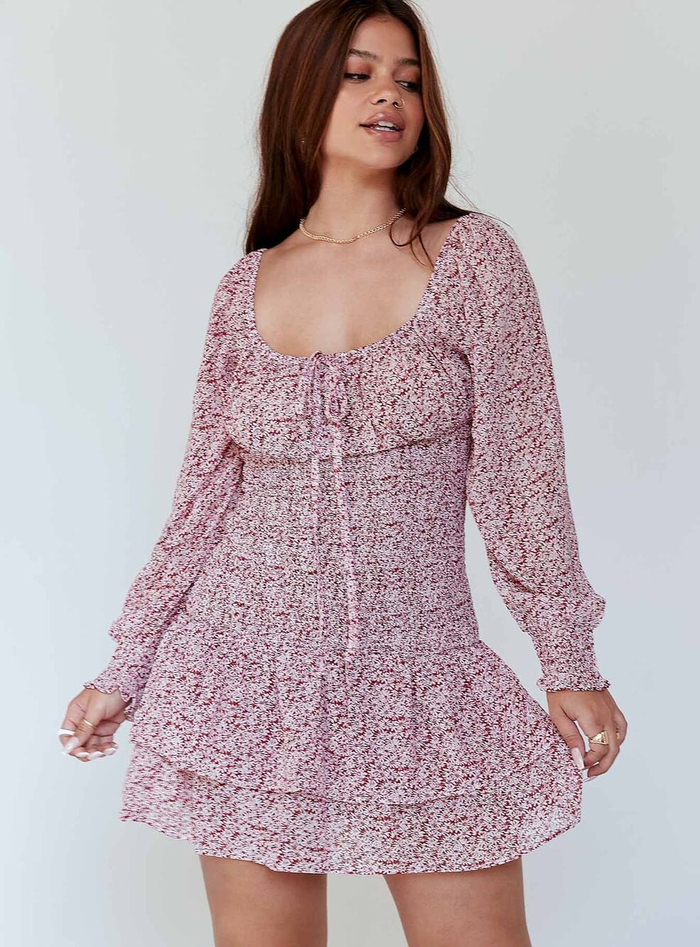 Princess Polly Carrillo Red Floral Long Puff Sleeve Ruffle Tiered Mini Dress 6